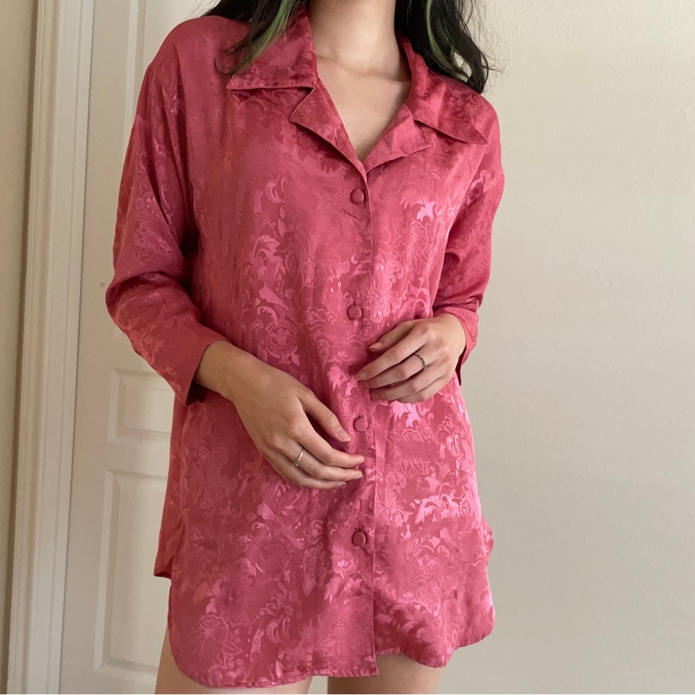 SOLD Vintage Victoria Secret Gold Label Floral Jacquard Salmon Pink Sleep Shirt